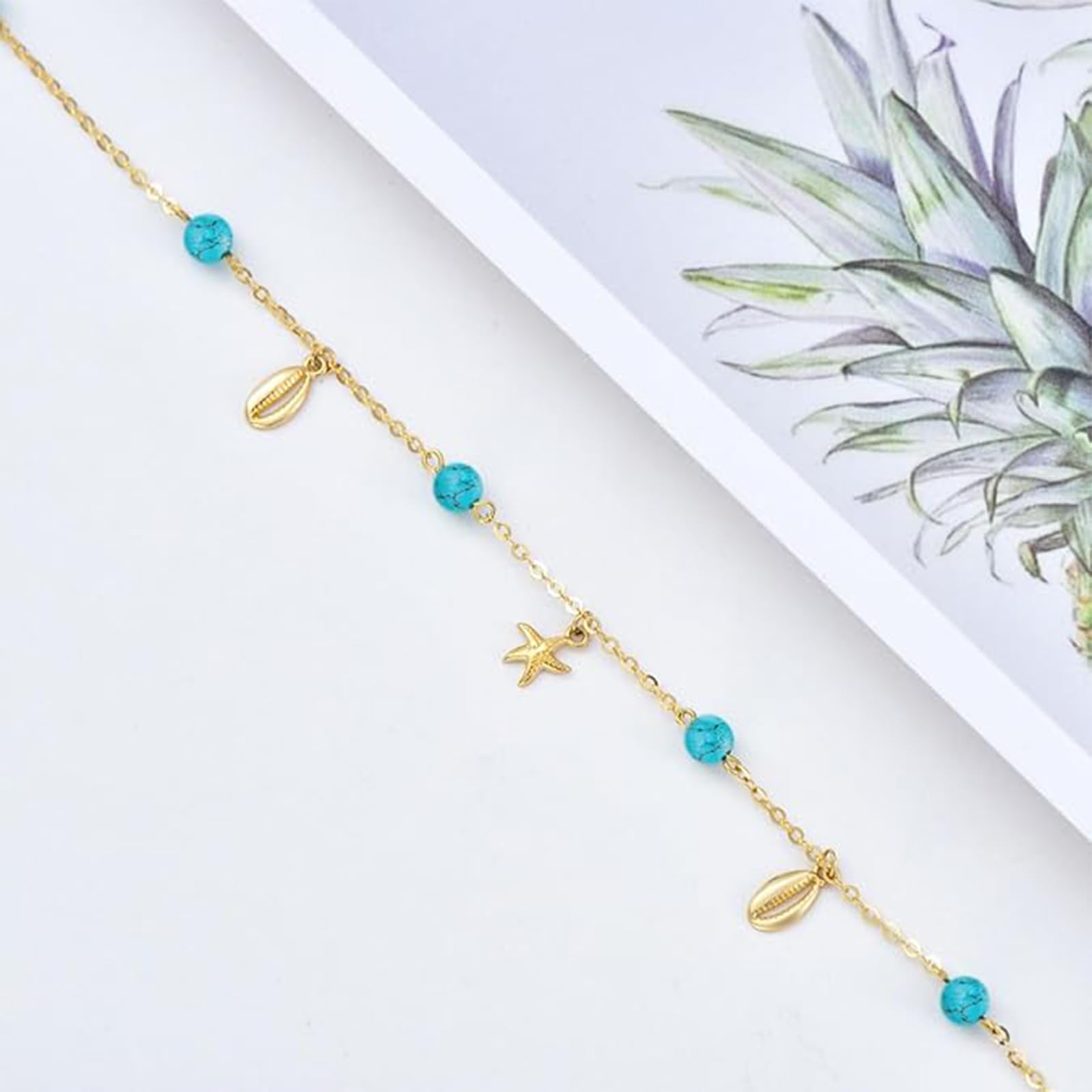 375/9K Echtgold Seestern Muschel Fußkettchen für Damen, Gelbgold Türkis Muschel Quaste Fußkettchen, Ozean Schmuck Geschenk, Jahrestag Geburtstag für Ehefrau Mutter Freundin, 20+5 cm