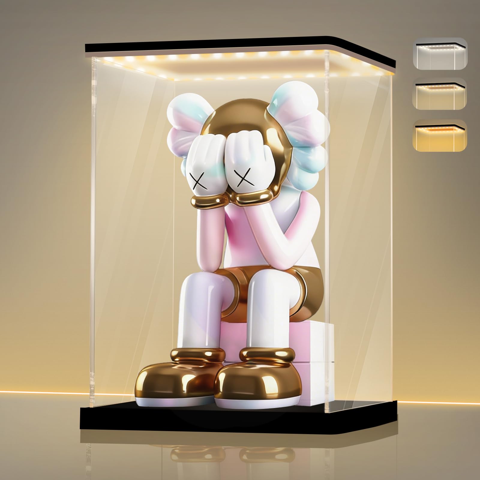 LANSCOERY Acrylic Display Case with Adjustable Yellow/White/Warm LED Light, UV Protection Clear Display Box, Dustproof Showcase for Action Figures,