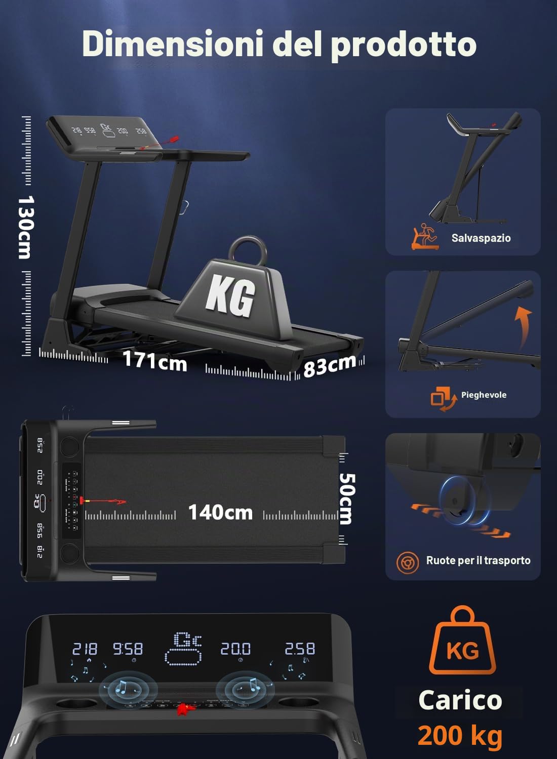 Tapis Roulant, Tapis Roulant Pieghevole da 7HP con Livelli di Inclinazione del 20%, 1km/h- 20km/h, Capacità di peso 200KG, Ampio Display LCD e Sensore di Pulsazioni, Macchina da Corsa Compatibi