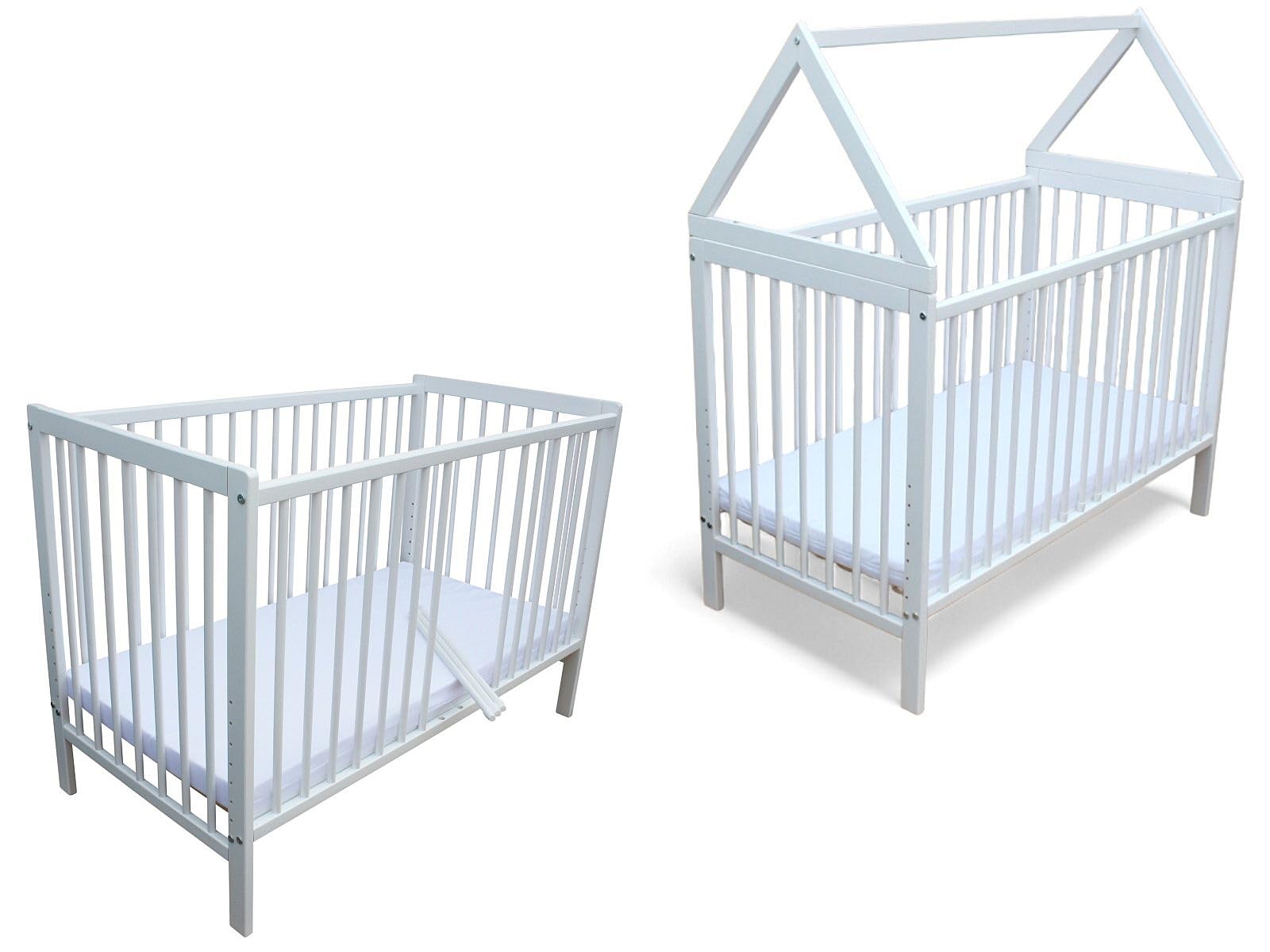 Micoland Kinderbett - Beistellbett - Babybett 120x60 cm umbaubares Bett mit Gurt, Rädern und optional Matratze (Haus mit Matratze Weiss)