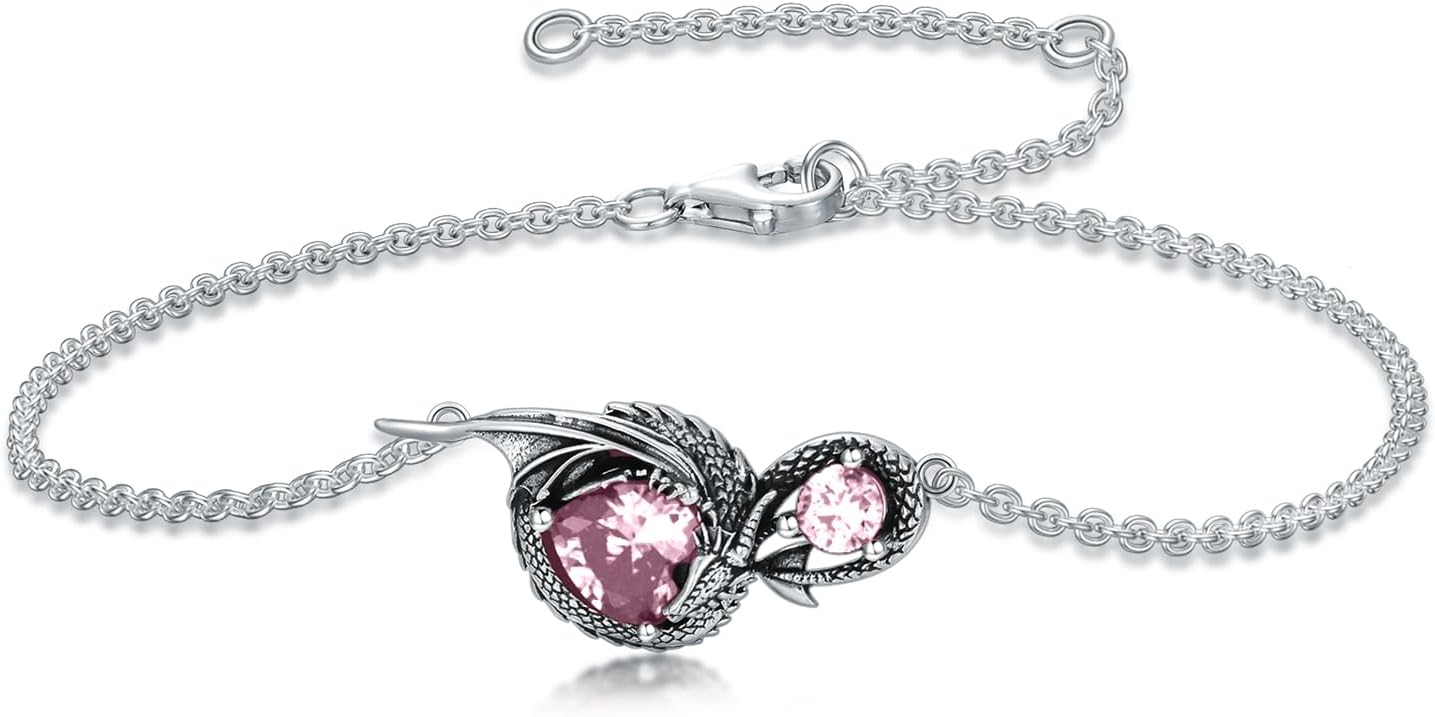 Dragon Bracelet for Women 925 Sterling Silver Dragon with Heart Cut Birthstone Link Bracelet
