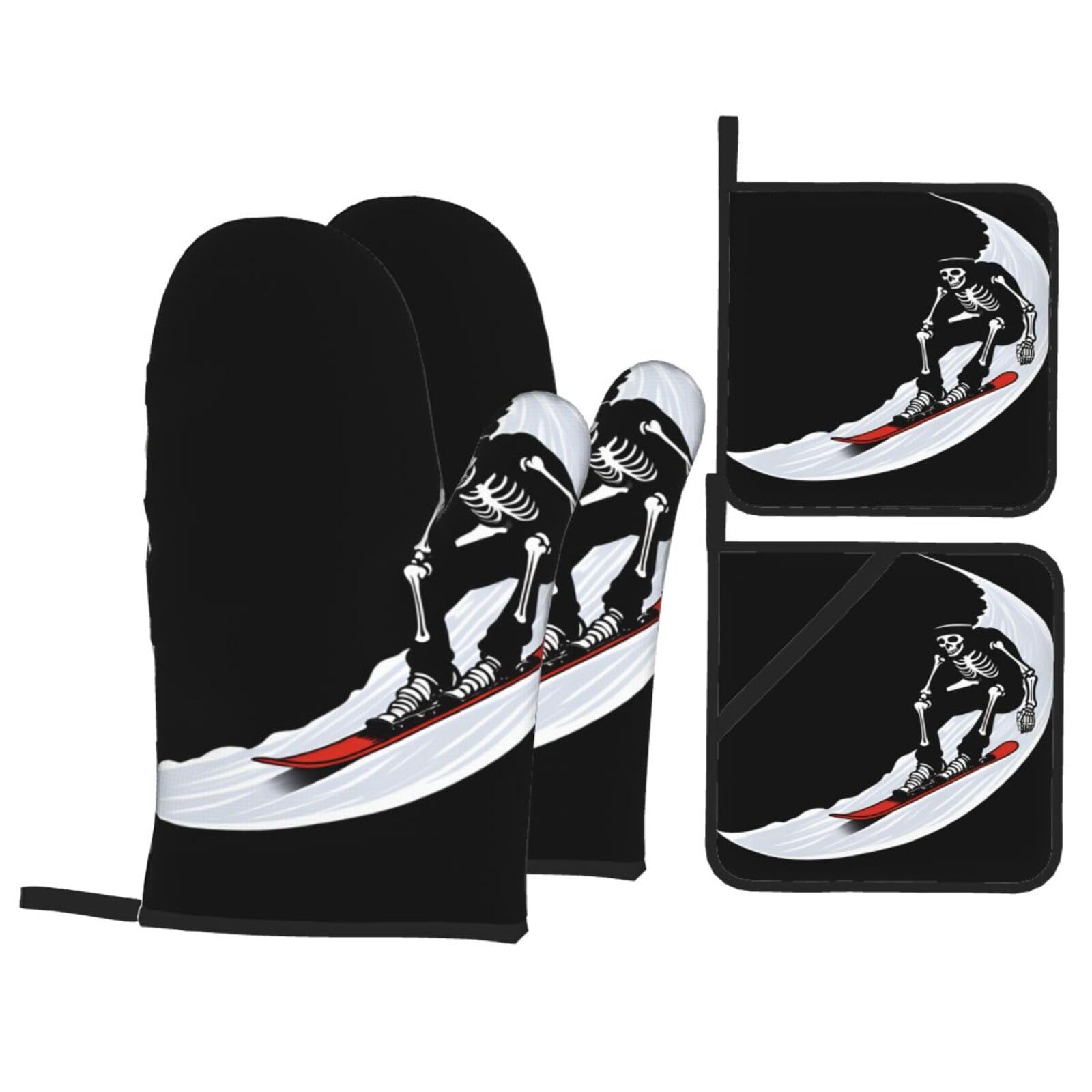 YYHWHJDE Drift Skeleton Printed Kitchen Baking Set of 4 Thick Insulated Oven Mitt & Pot Holders, Anti-Scalding for Microwave, Oven, Outdoor BBQ