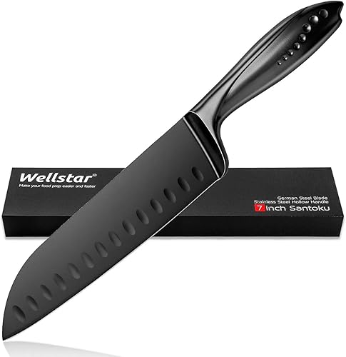 Cuchillo Santoku WELLSTAR de 7 pulgadas, cuchillo de cocina de acero alemán súper afilado con mango cómodo y revestimiento de titanio arcoíris para