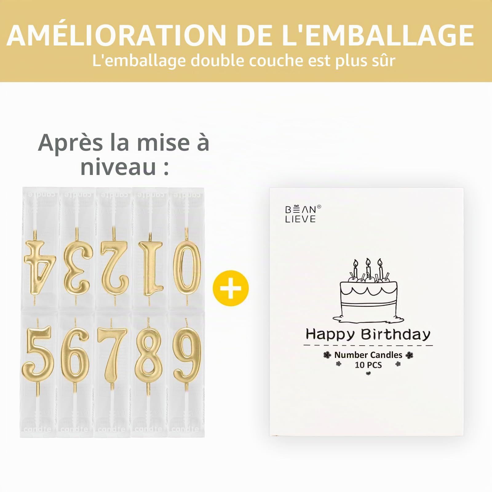 Lot de 10 bougies d'anniversaire à chiffres 0-9 paillettes or champagne pour gâteau