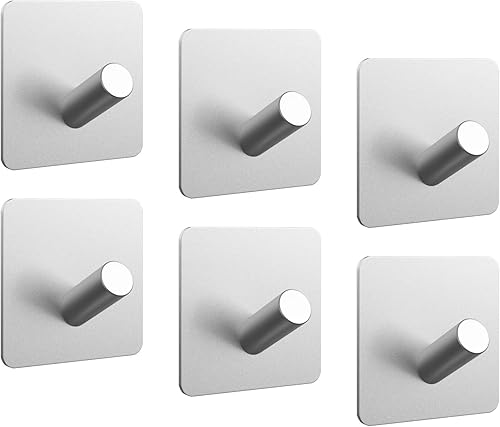 PMMASTO Ganchos autoadhesivos para toallas, ganchos adhesivos resistentes para colgar abrigos de pared para colgar ganchos de ducha (plata, 6