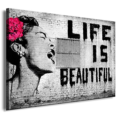 Fotoleinwand24 - Banksy Graffiti Art Life is Beautiful / AA0109 / Bild auf Keilrahmen/Schwarz-Weiß / 80x60 cm