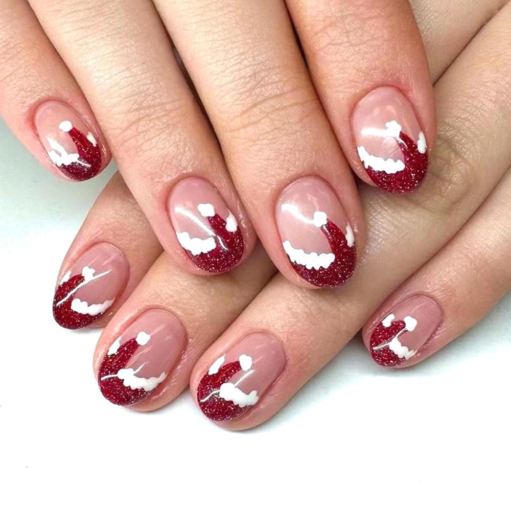CEWEWP Christmas Press on Nails Short Oval Fake Nails Glossy Glue on Nails Cute Santa Hat Stick on Nails Acrylic Nails Red Round Artificial Nails