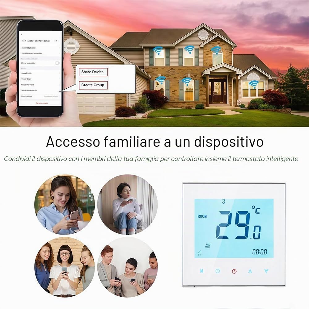 Wi-Fi Thermostat - Serie 1000 Termostato Touchscreen Programmabile per Riscaldamento ad Acqua/Elettricità/Caldaia/2 Tubi/4 Tubi di Raffreddamento Compatibile con Alexa, Google Home e IFTTT
