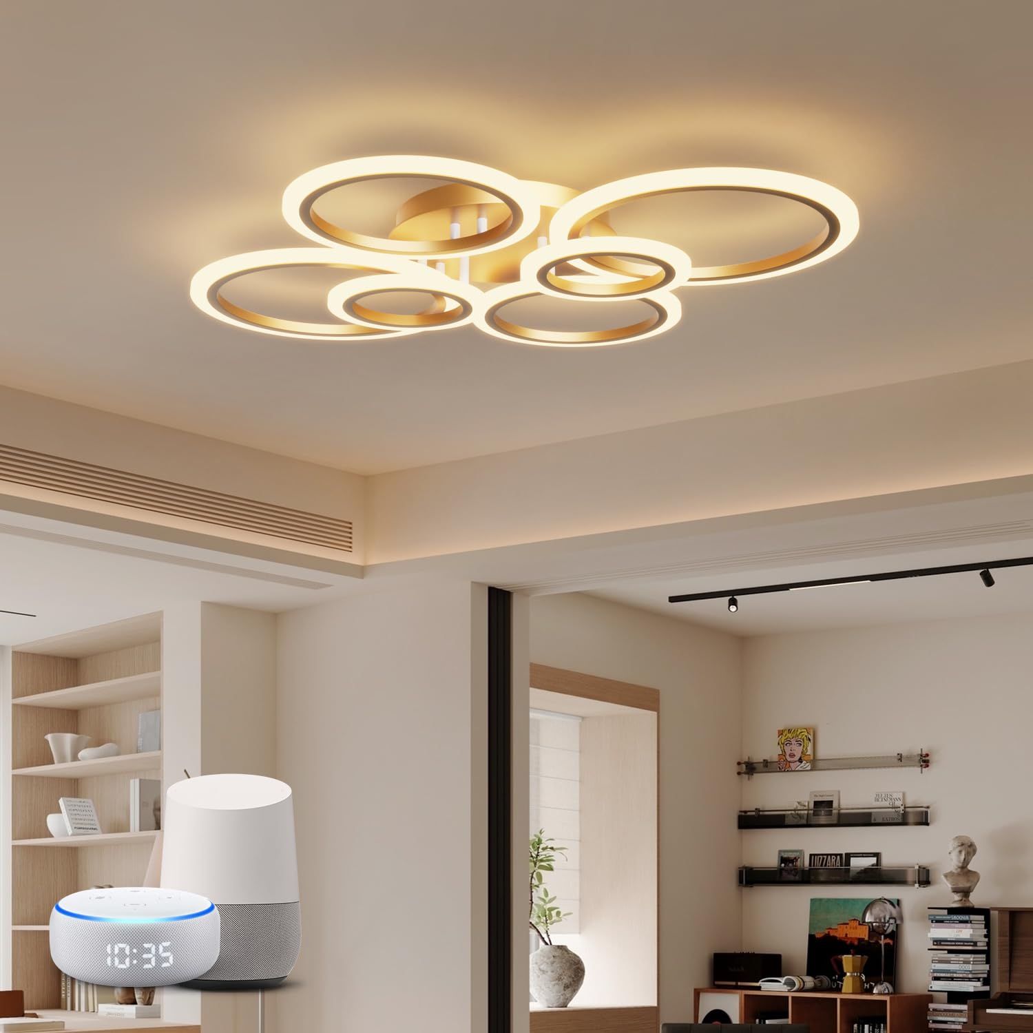 YUNLONG Smart Ceiling Lights Living Room Compatible with Alexa, Google Home, WiFi Modern Led Ceiling Lighting 6 Ring, Ceiling Lamp Dimmable with Remote, for Lounge, Bedroom, Sitting Room, Gold