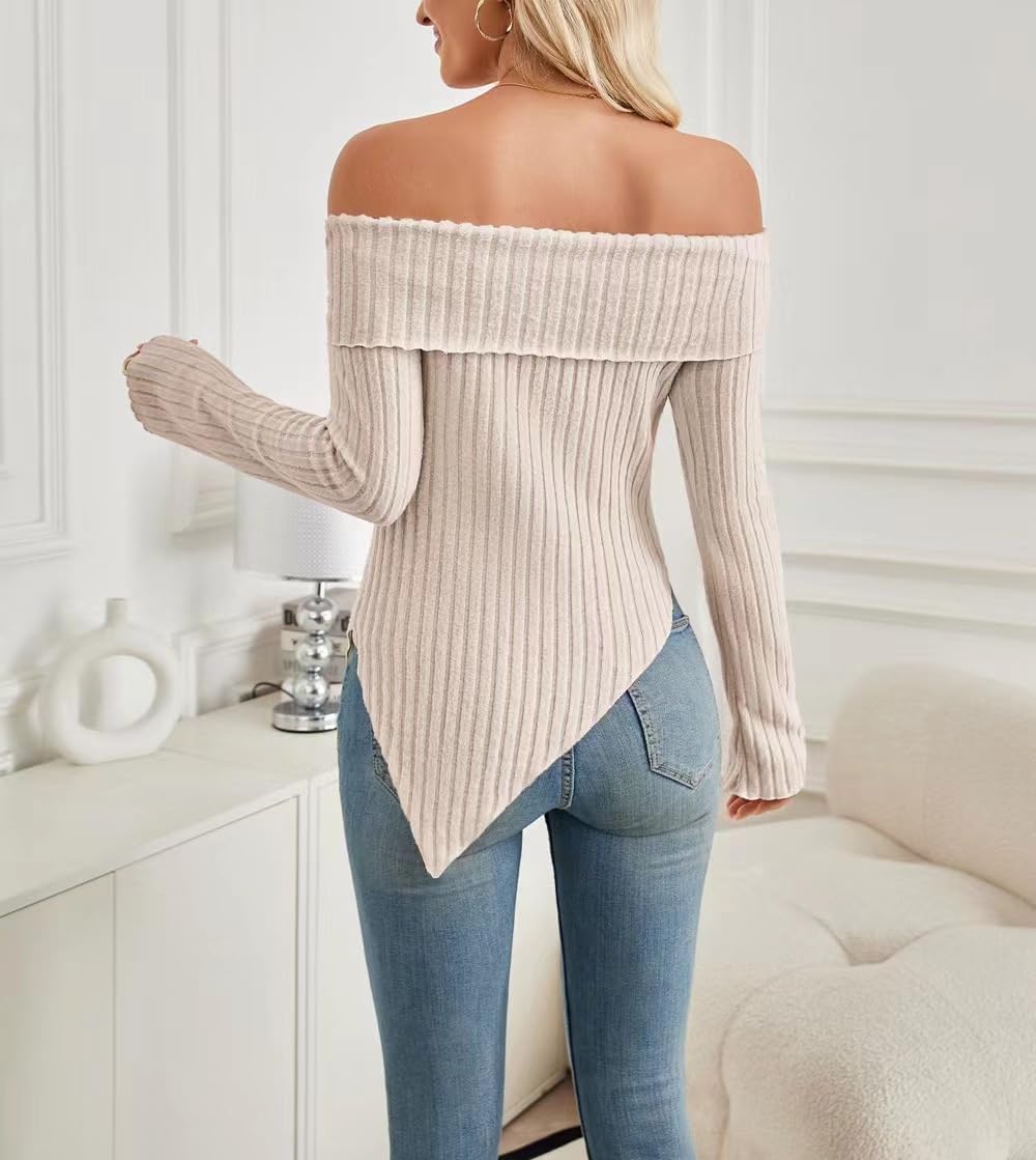Sumleno Womens Cute Bow Off Shoulder Knitted Sweater Shirt Tops Sexy Side Slit Pullover Trendy Y2k Aesthetic Clothes - Image 6