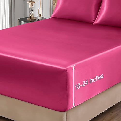Miniatura 6 de Juego de sábanas de satén de 4 piezas con bolsillo extra profundo, juego de sábanas de satén rosa intenso para colchón de bolsillo profundo de 18 a