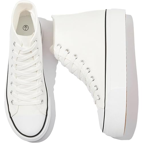 POVOGER Platform Sneakers for Women Fashion High Top Canvas Shoes White Womens Platform Shoes Casual Lace Up Mid Top Shoes