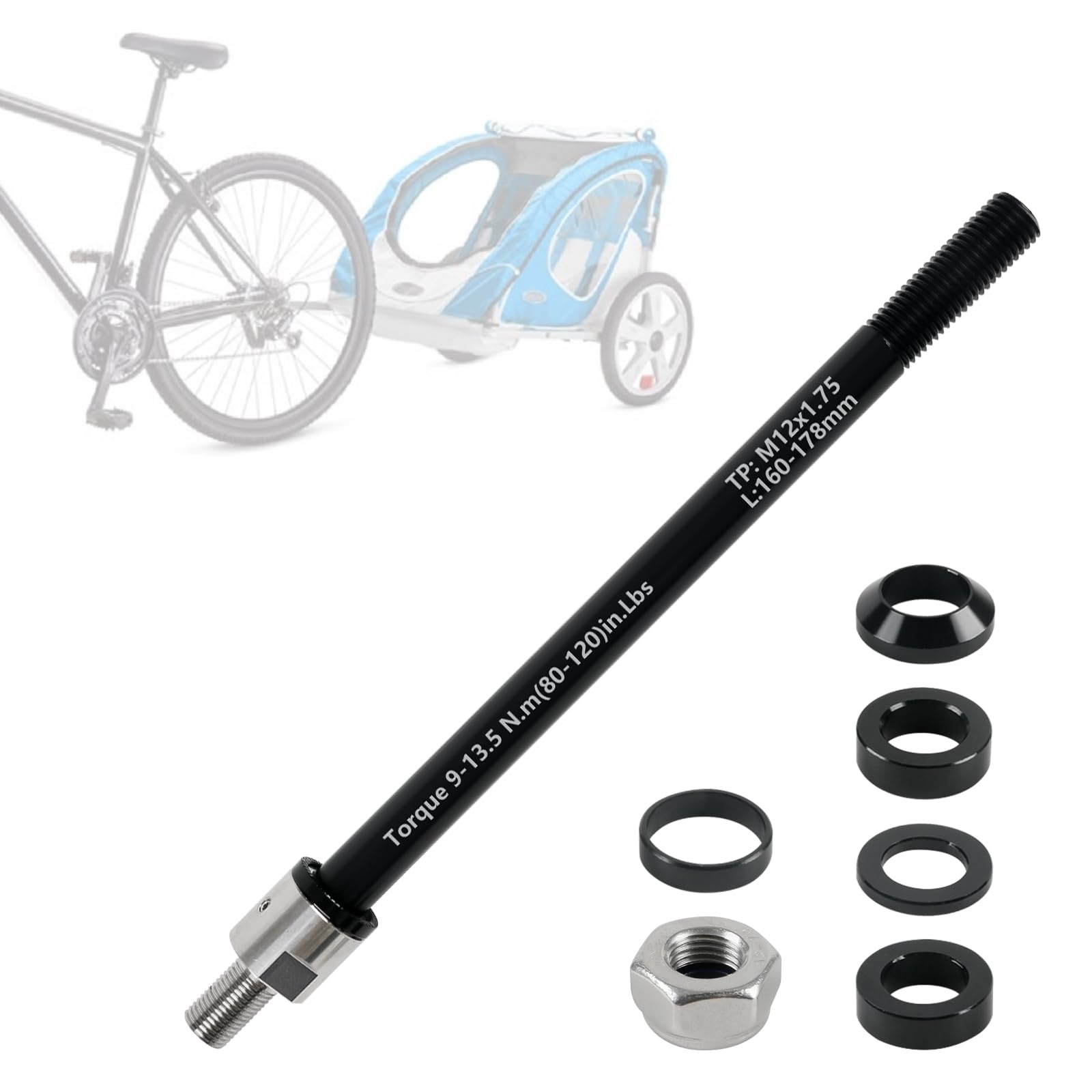 Adattatore per asse passante M12 160-178 mm per bicicletta, lunghezza albero regolabile, accoppiamento rimorchio in lega
