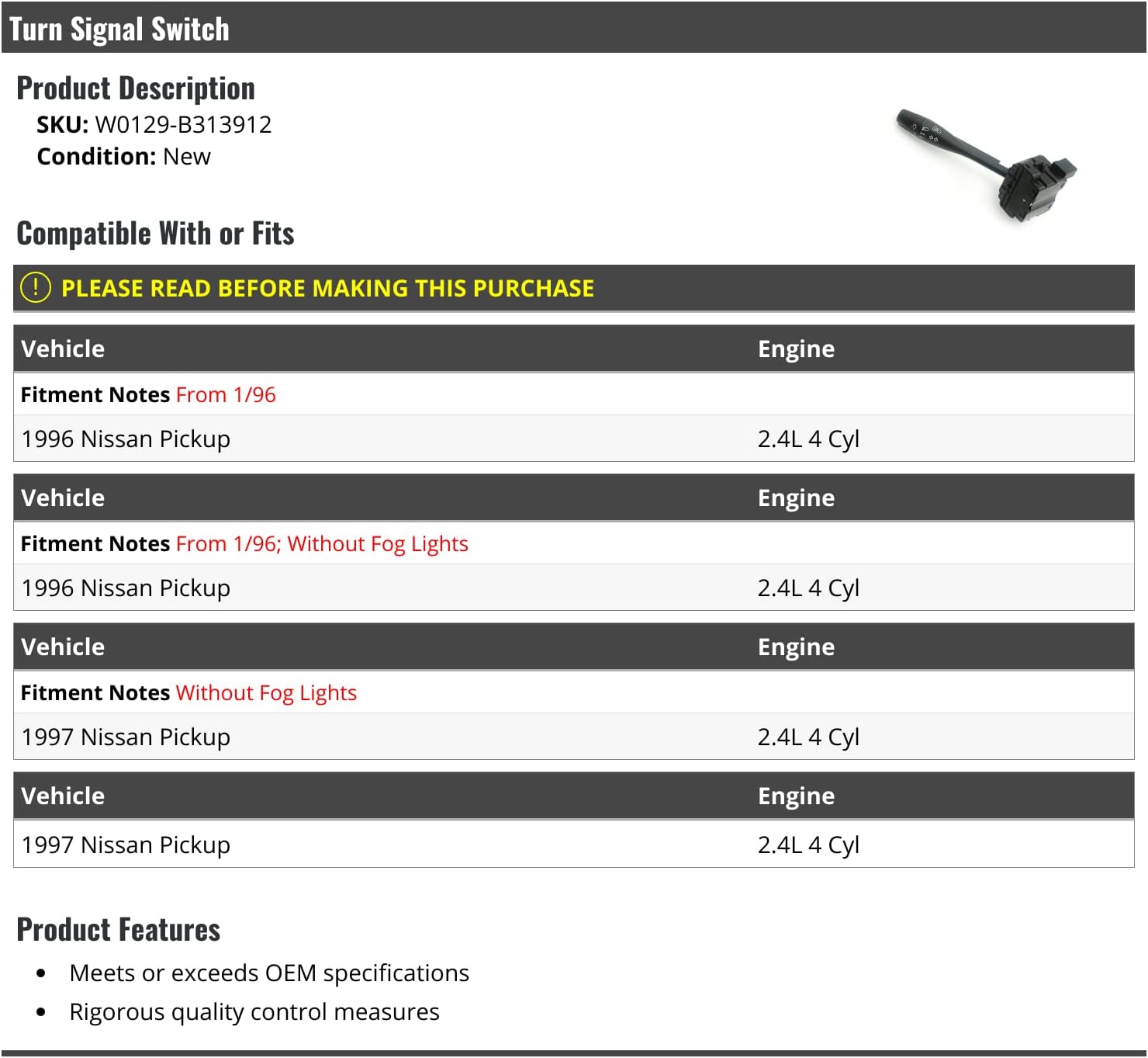 Marketplace Auto Parts Turn Signal Switch - Compatible with 1996-1997 Nissan Pickup 2.4L 4-Cylinder (from 1/1996)