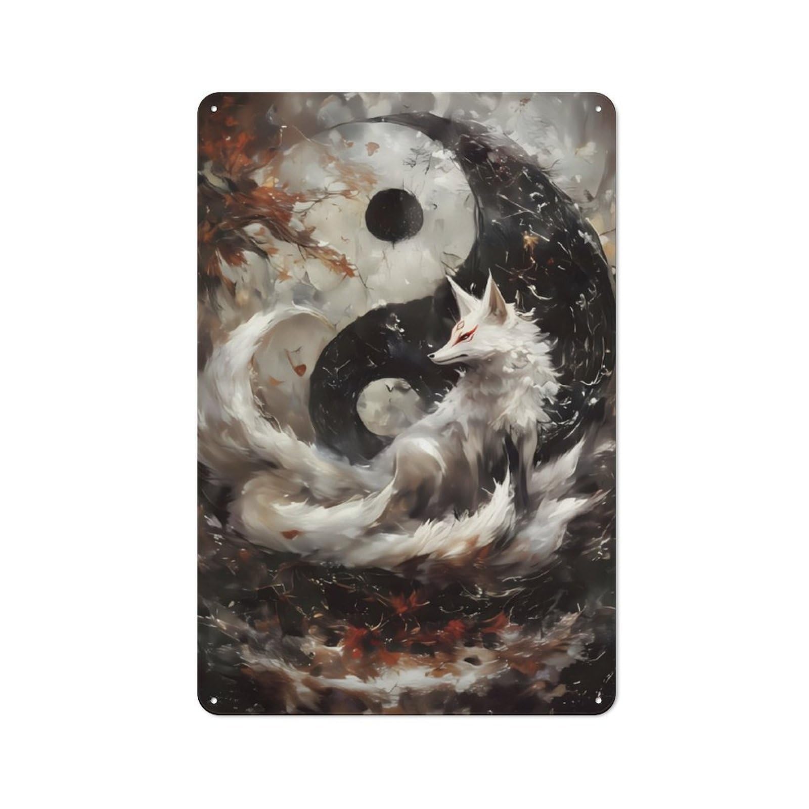Junmoney Fox And Yin Yang Metal Wall Sign 30X20cm Featuring For Workshop Wall, Suited To Metal Sign Collectors