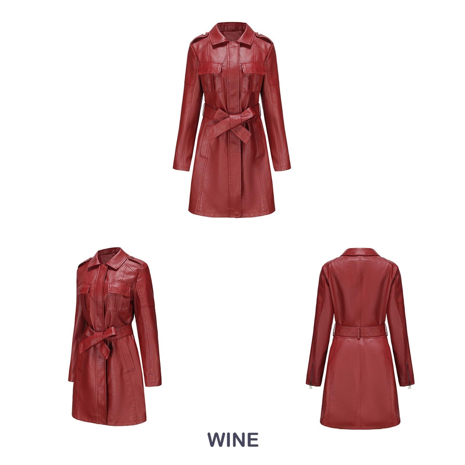 Blouson Cuir Mi-Long à Ceinture pour Femmes, Veste Coupe-Vent Manches Longues, Manteau Britannique Tendance, pour Sorties, Soirées et Tenue Rock