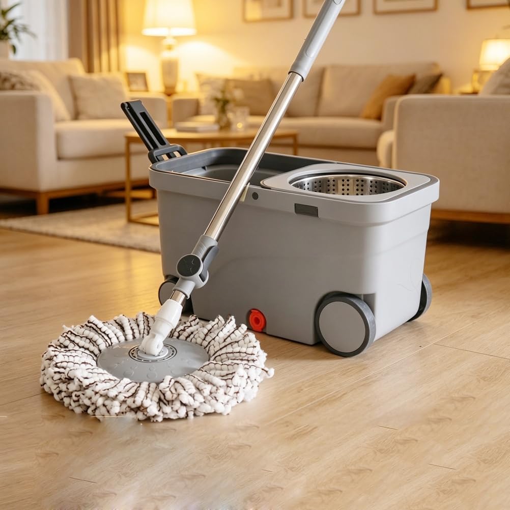Stainless Steel Dry Floor Cleaning Water Swivel 360 Spin Mops Microfiber Self-Wringer 8Mopheads Spin Bucket Set