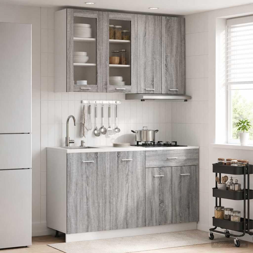 Meuble de cuisine Lyon 4 pièces gris Sonoma en bois avec pieds réglables en hauteur, fixation murale et beaucoup d'espace de rangement pour cuisines modernes