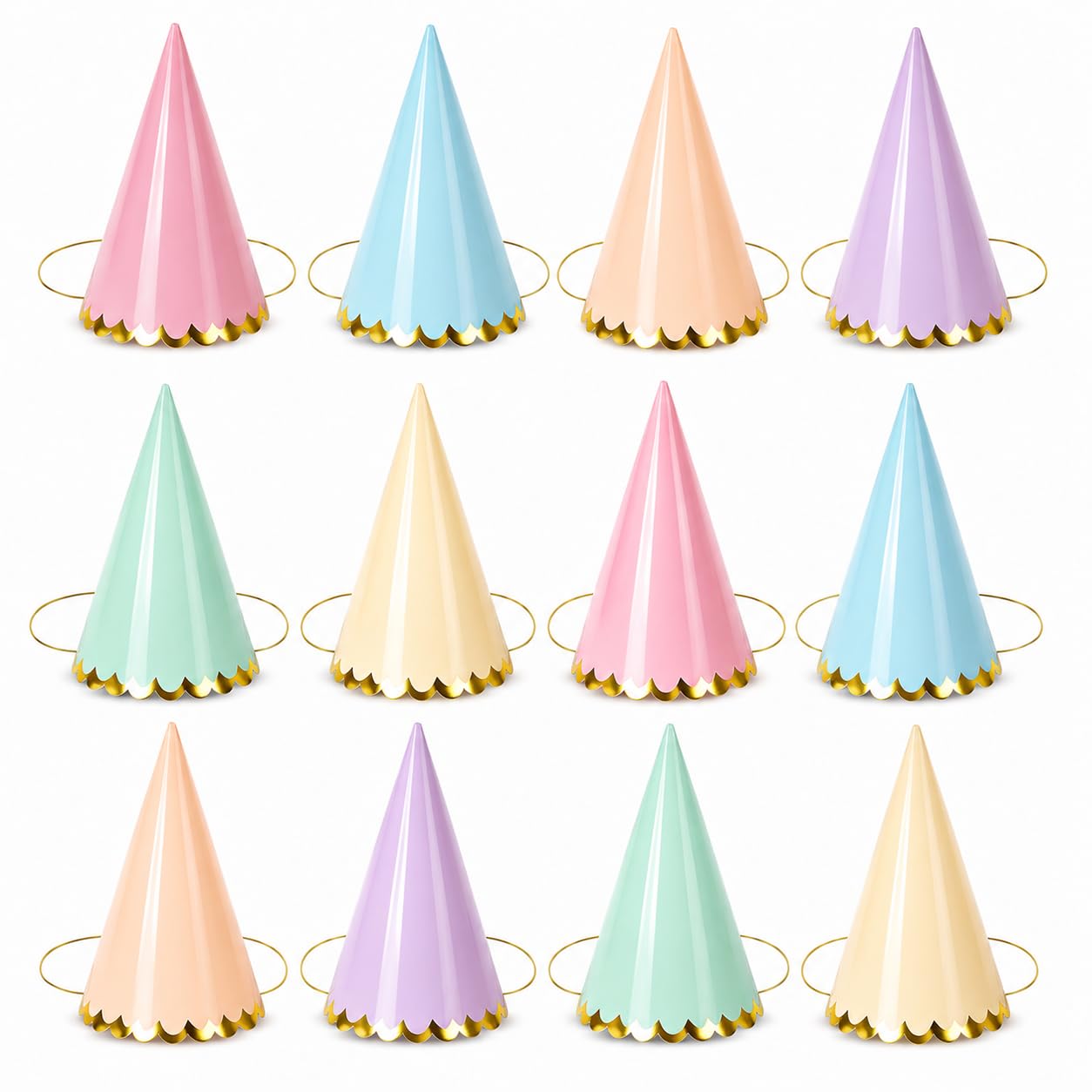 Cctetn 12 Pack Pastel Party Hats - 16cm Cone Birthday Headwear for Kids & Adults; Easy Assemble Cardboard Crowns with Elastic Chin Strap for Multi-Color Celebration Decor