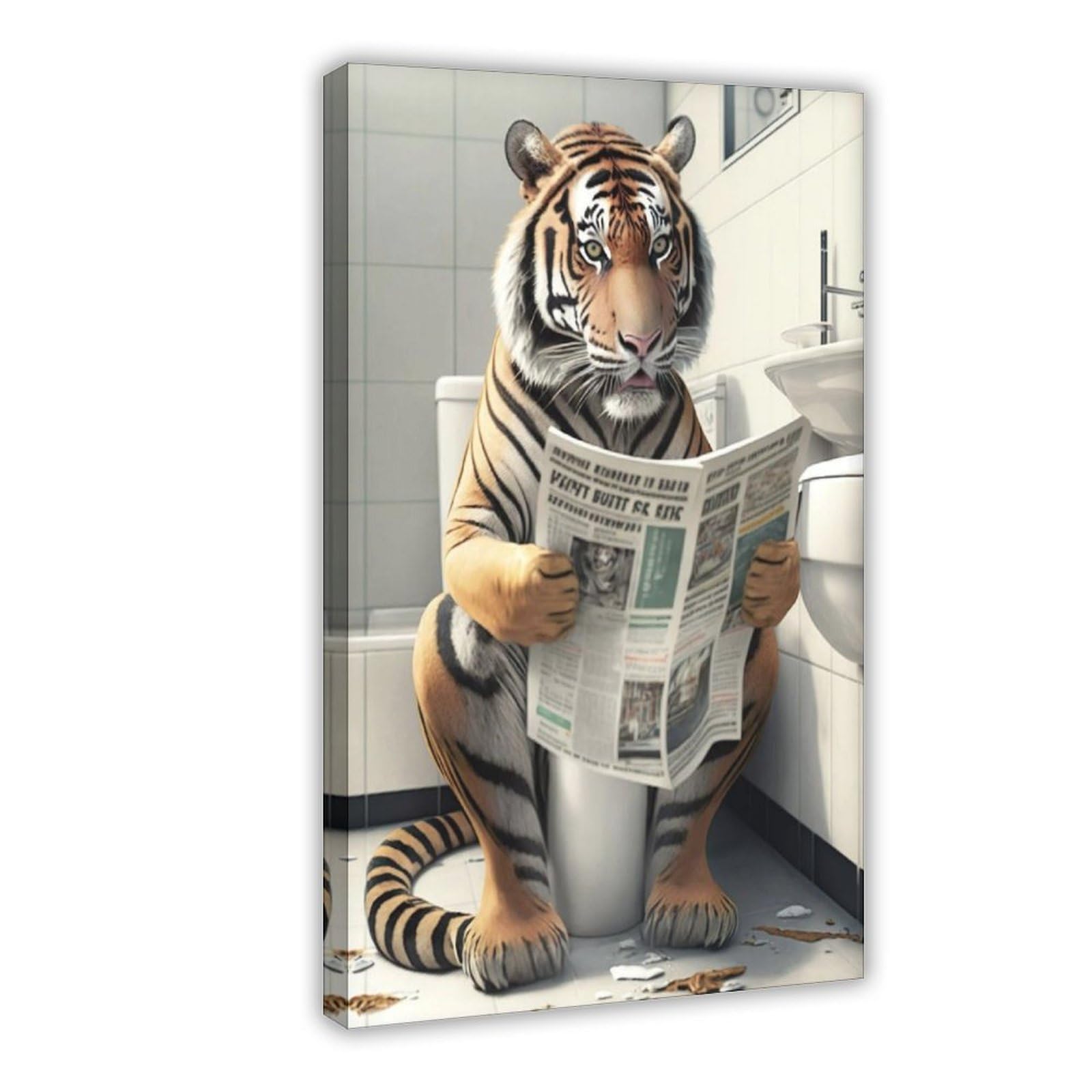 Bncedjk Tiger Sitting On The Toilet Reading A Newspaper Canvas Poster Wall Art Print Picture Paintings 12X18inch(30X45cm)