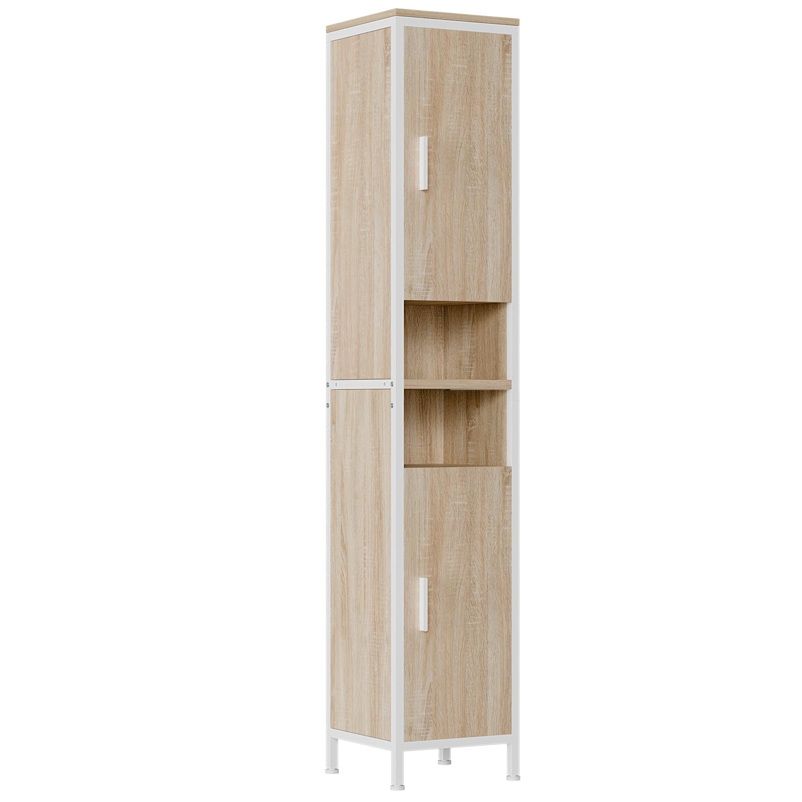 ELUCHANG Mobiletto Bagno Salvaspazio,Armadio da Bagno Alto con 2 Ante, Colonna Bagno da Terra con Ripiani Regolabili,Scomparto Aperto,per Soggiorno,Bagno,Ingresso,Rovere chiaro+Bianco,30X30X174cm