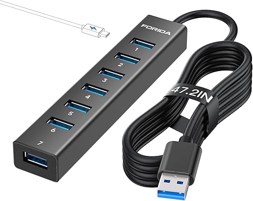 Miniatura 10 de FORIDA Hub USB C de 8 puertos USB HUB con 7 puertos de datos USB3.0, divisor USBC de aleación de aluminio con puerto de alimentación tipo C 5V/3A