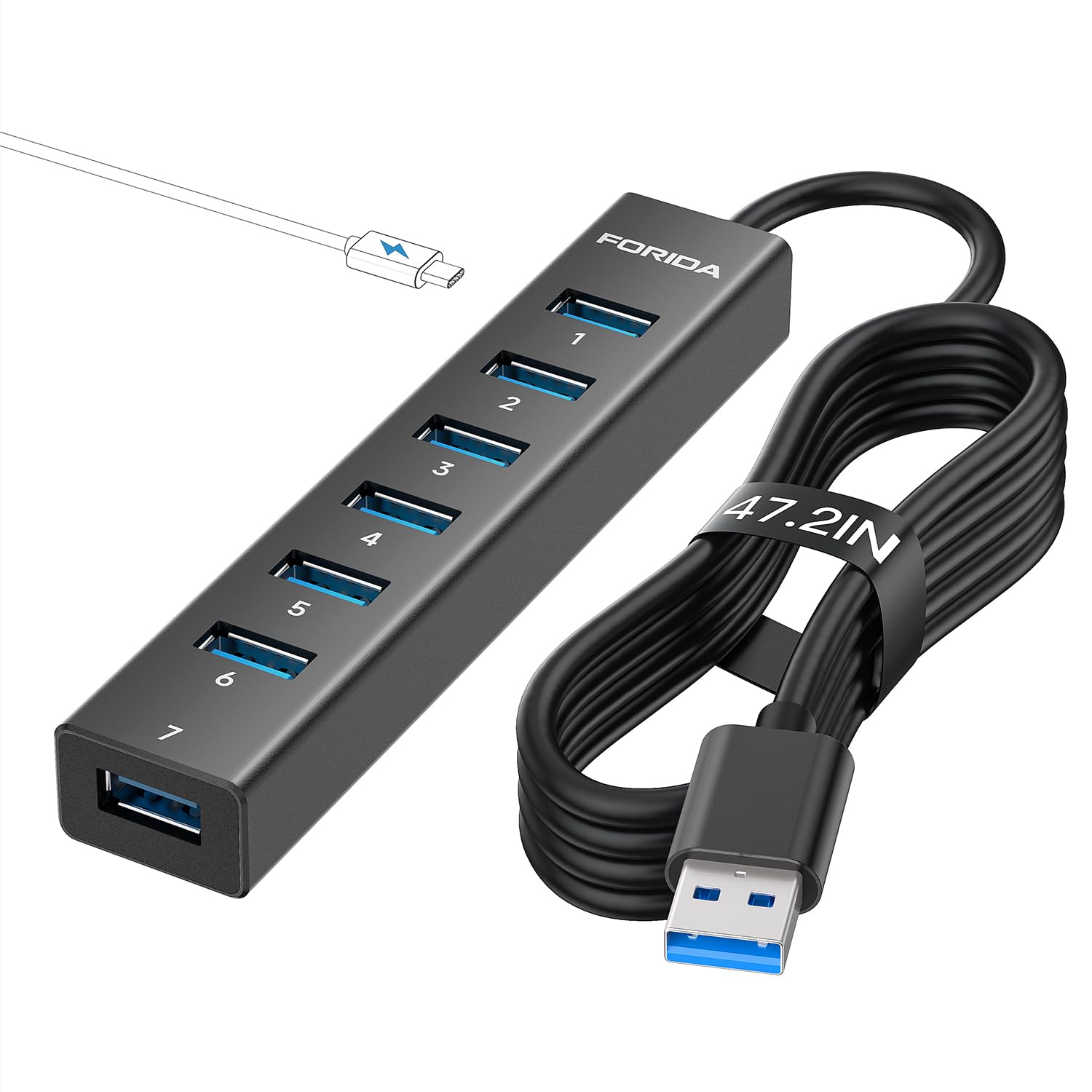 forida aluminum alloy 8 port usb 3.0 hub long cable usb splitter with 7-usb3.0 data ports, typec 5v/3a power black usba adapter compatible with macbook, laptop,surface pro, ps5, pc,etc (black, 47in)