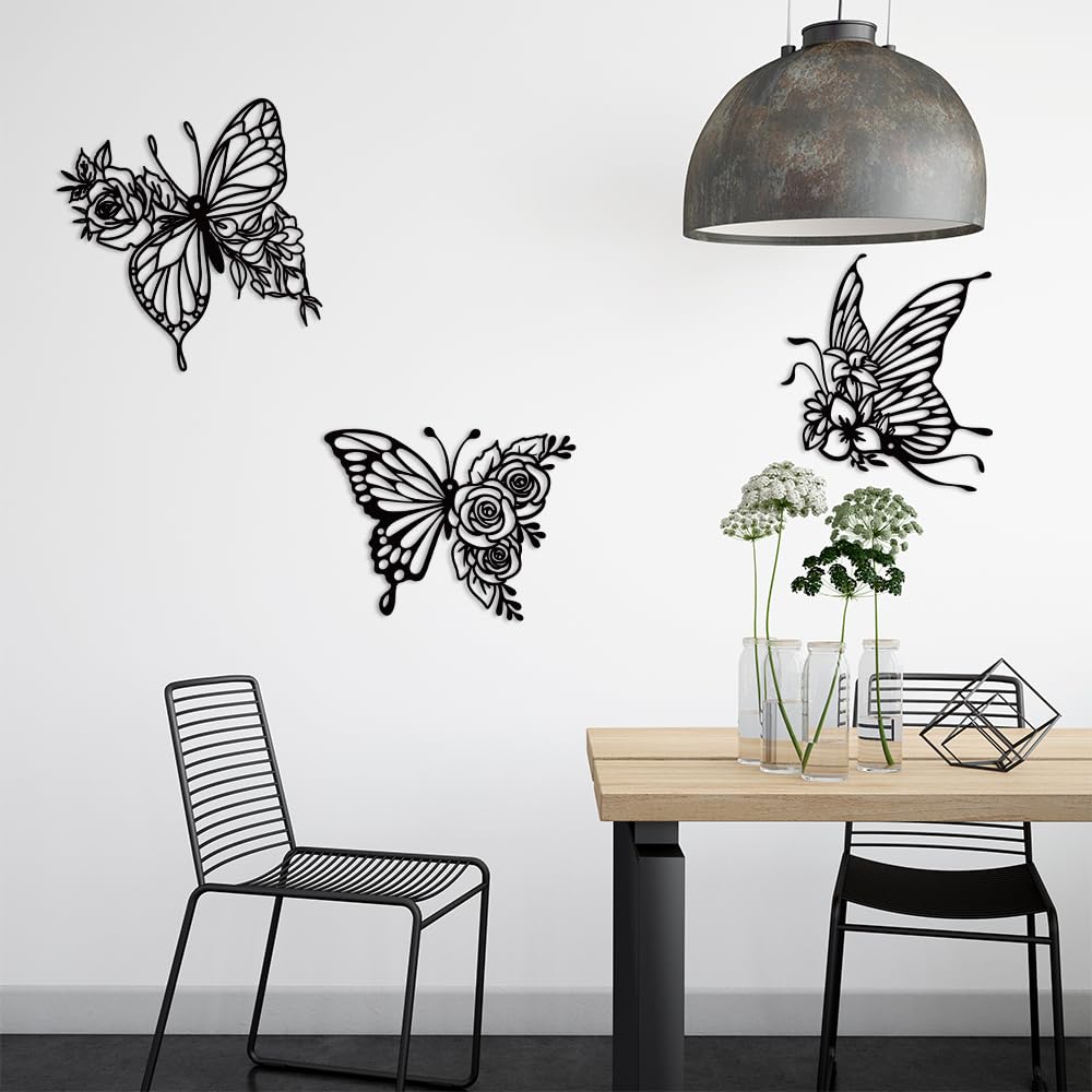 3D Schmetterling Wanddeko Aus Metall – Schwarz, 3 Stück, Für Innen & Außen, Ca. 30 Cm