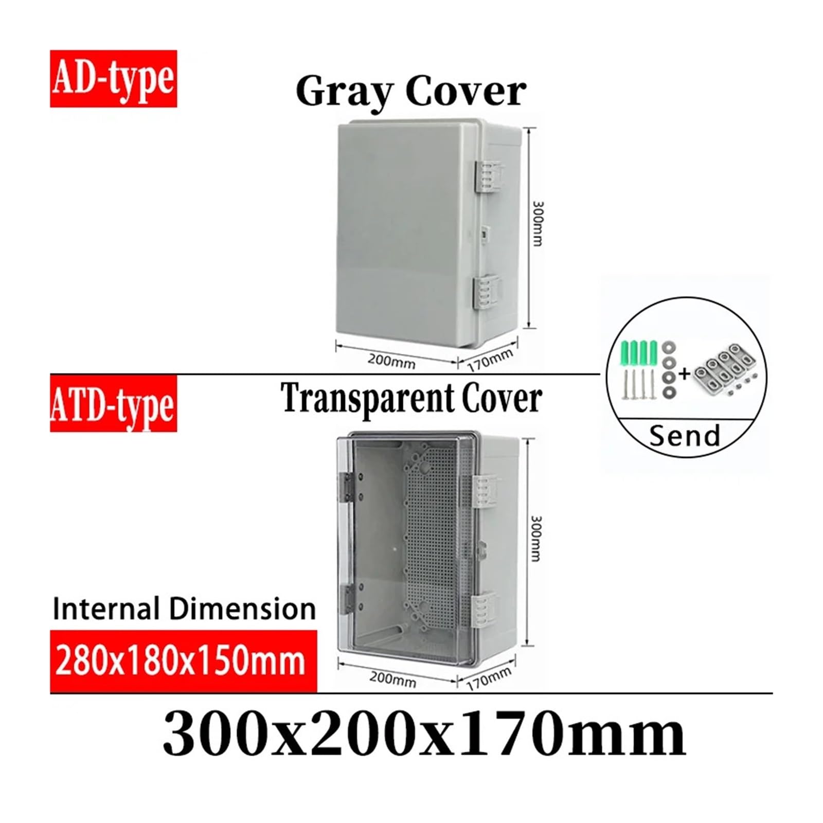 Caja de conexiones impermeable IP66, plástico ABS con hebilla de bisagra, caja de distribución de energía electrónica for proyectos eléctricos(300x200x170mm,Gray)