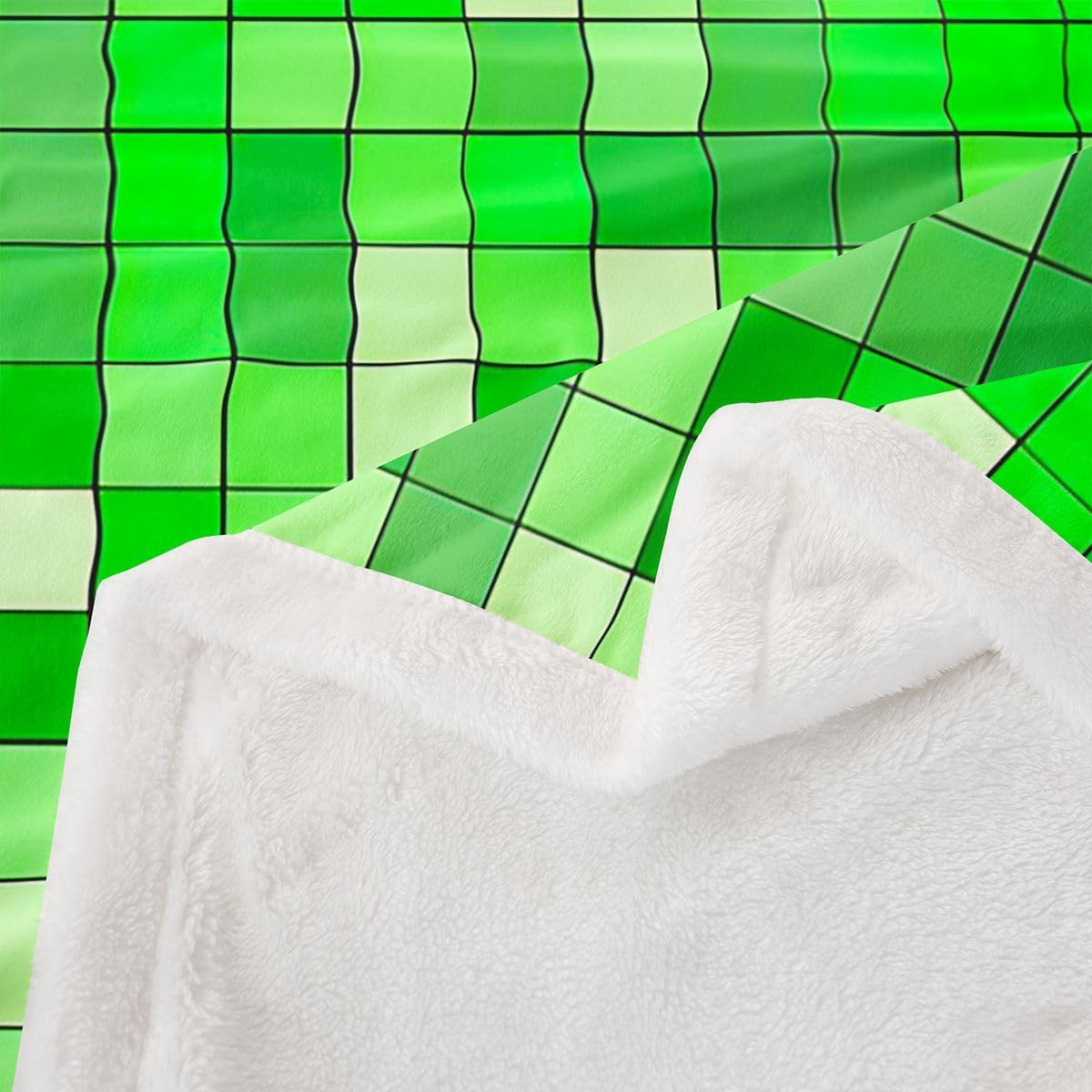 Pixel Fleece Throw Blanket Queen 90"x90" Bright Green Sherpa Blanket Plush Fuzzy for Kids Boys Girls Decor Mining Themed Bed Couch Chair Living Room Breathable Soft Microfiber Gaming Bedroom Decor image 3