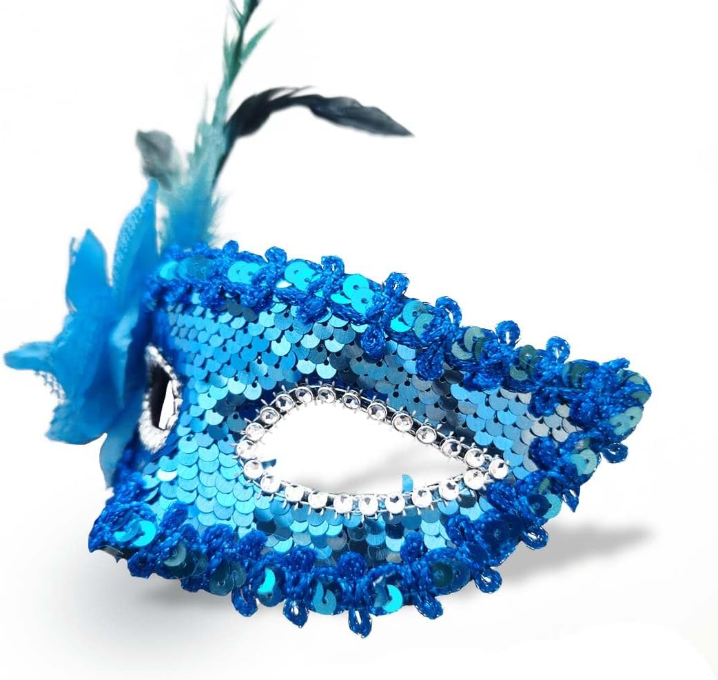 - Wanna Party Women's Blue Sequin Eye Mask with Flower for Masquerade Party,Fancy Dress Costume, New Year Party