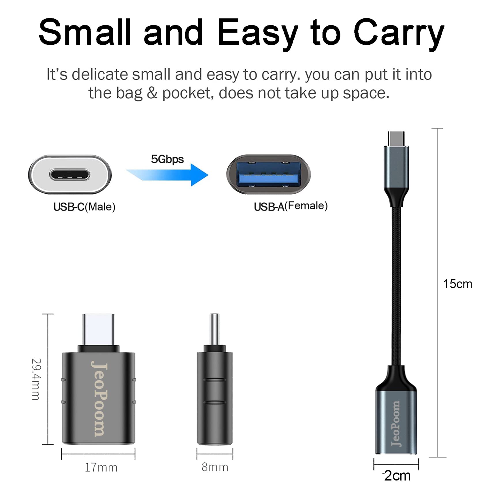 Adaptateur USB C Mâle vers USB Femelle, Type C vers USB A avec OTG Compatible S20, S10, Pixel, P20, P30