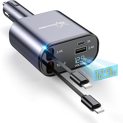 DreamBee Retractable Car Charger,Super Fast USB Car iPhone Charger,Dual Apple Retractable Cables (31.5 inch) and 2 USB Ports Car Charger Adapter for DreamBee Retractable Car Charger,Super Fast USB Car iPhone Charger,Dual Apple Retractable Cables (31.5 inch) and 2 USB Ports Car Charger Adapter for