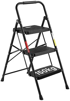 BONTEC Escaleras Plegables de 3 Escalones, Capacidad de 150KG con Pedales Antideslizantes Anchos, Taburete Escaleras de Mano de Acero, Manubrio de Esponja, Uso en Interiores y Exteriores, Negro
