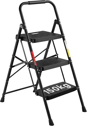 BONTEC 3 Step Ladder, Folding Steel Stool with Wide Anti-…