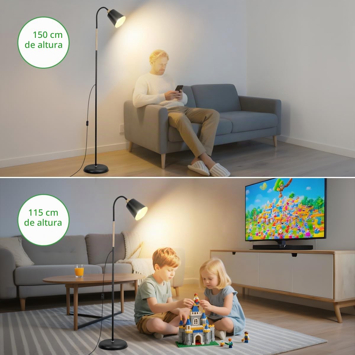 ANTENLICHT VILI | Lámpara de pie para salón y dormitorio, E27, orientable 360°, máx. 60 W, para lectura en sofá o dormitorio, lámpara de pie de metal negro de 159 cm (sin bombilla)