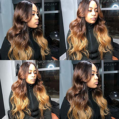 Ombre Human Hair Bundles with Frontal 1b/4/27 Human Hair,SHOWJARLLY 8A Grade Brazilian Virgin Hair Bundles,3 Bundles Ombre Body Wave with 13X5 Ear to Ear Lace Frontal