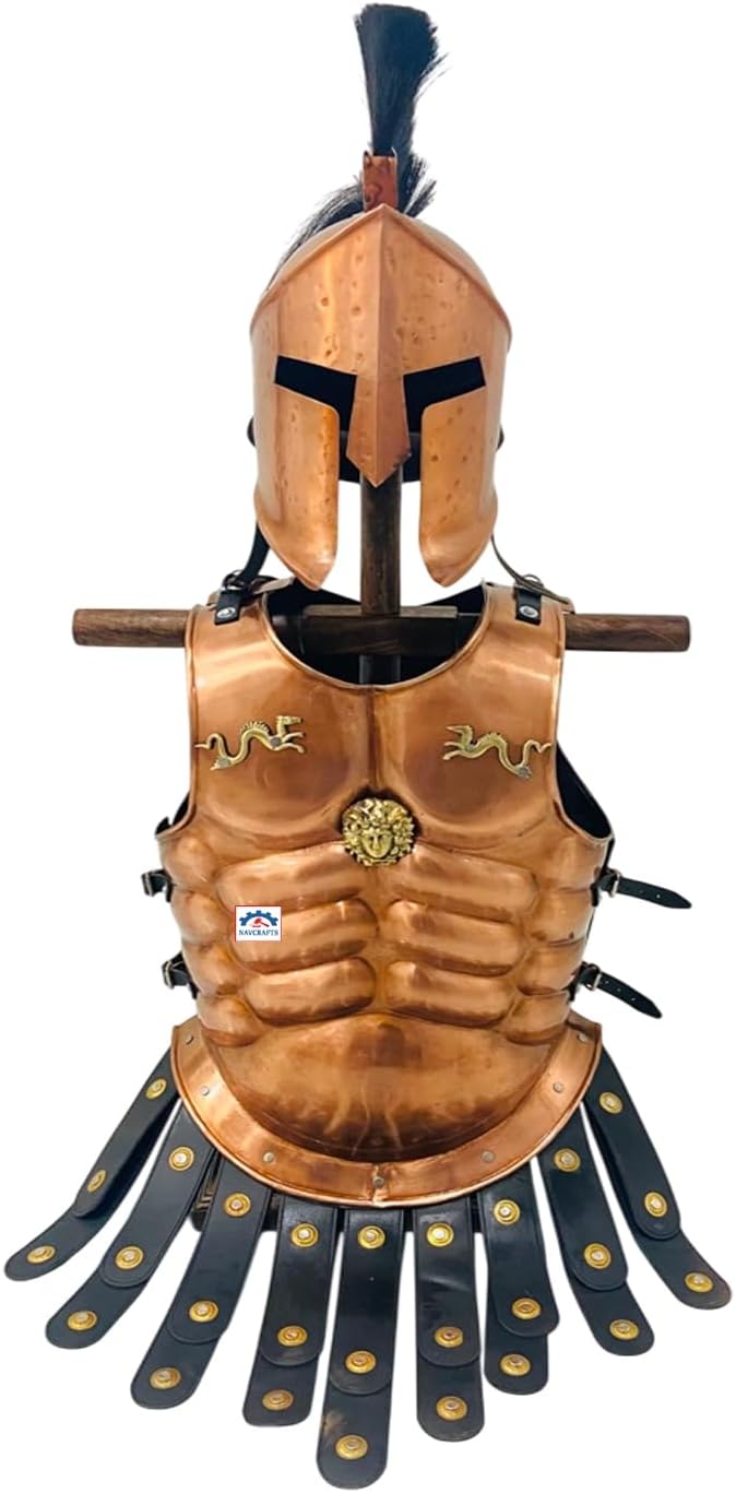 Full Spartan Armor Set - Copper Finished Muscle Cuirass, Roman Spartan Helmet with Black Plume Battle Gear Medieval Greek Hoplite Cosplay 300 Movie Costume