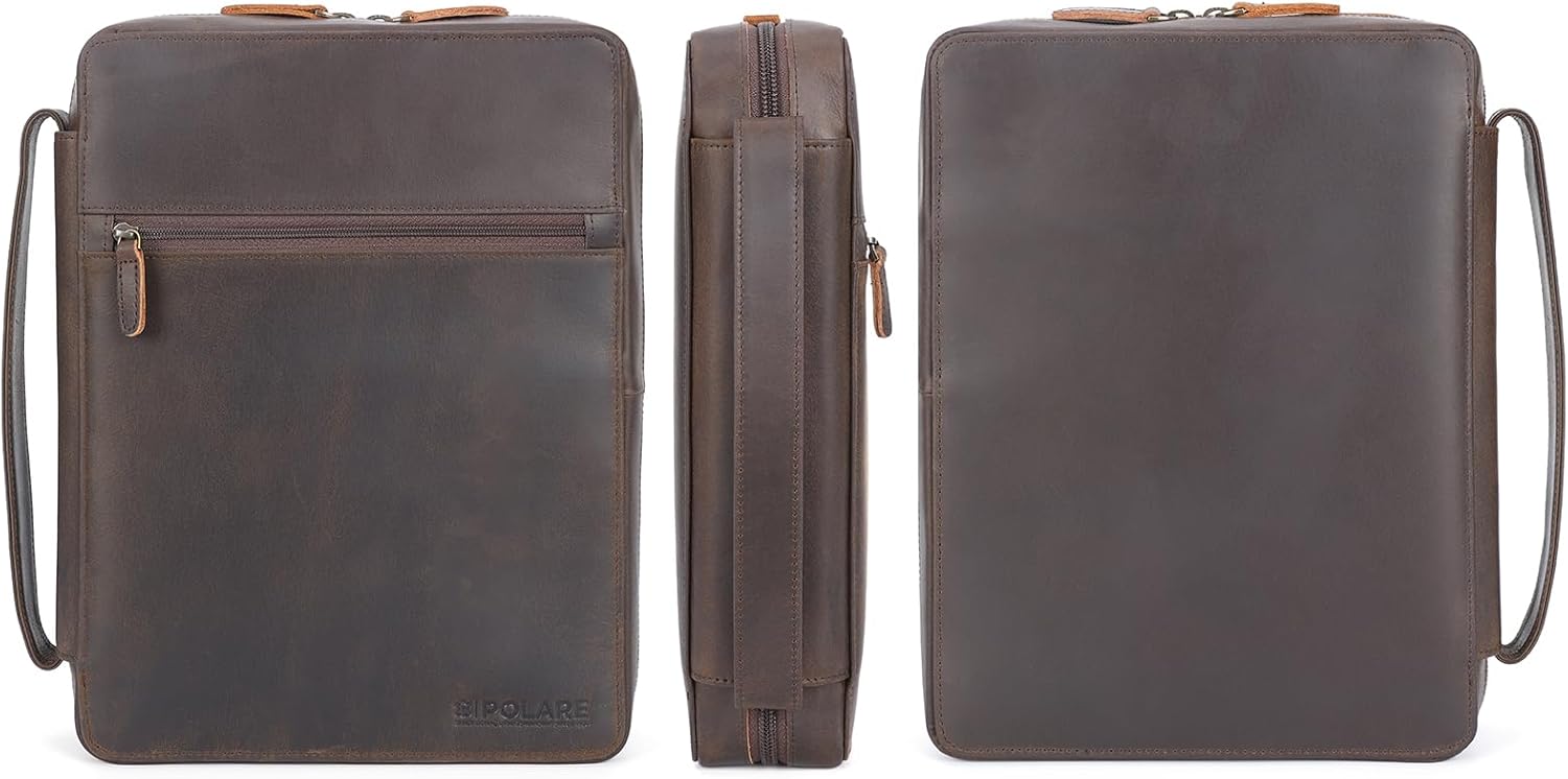 Polare Full Grain Leather Bible Cover Church Bag Bible Protective Book Holder Carrying Case Folder Organizer Portfolio, Dark Brown