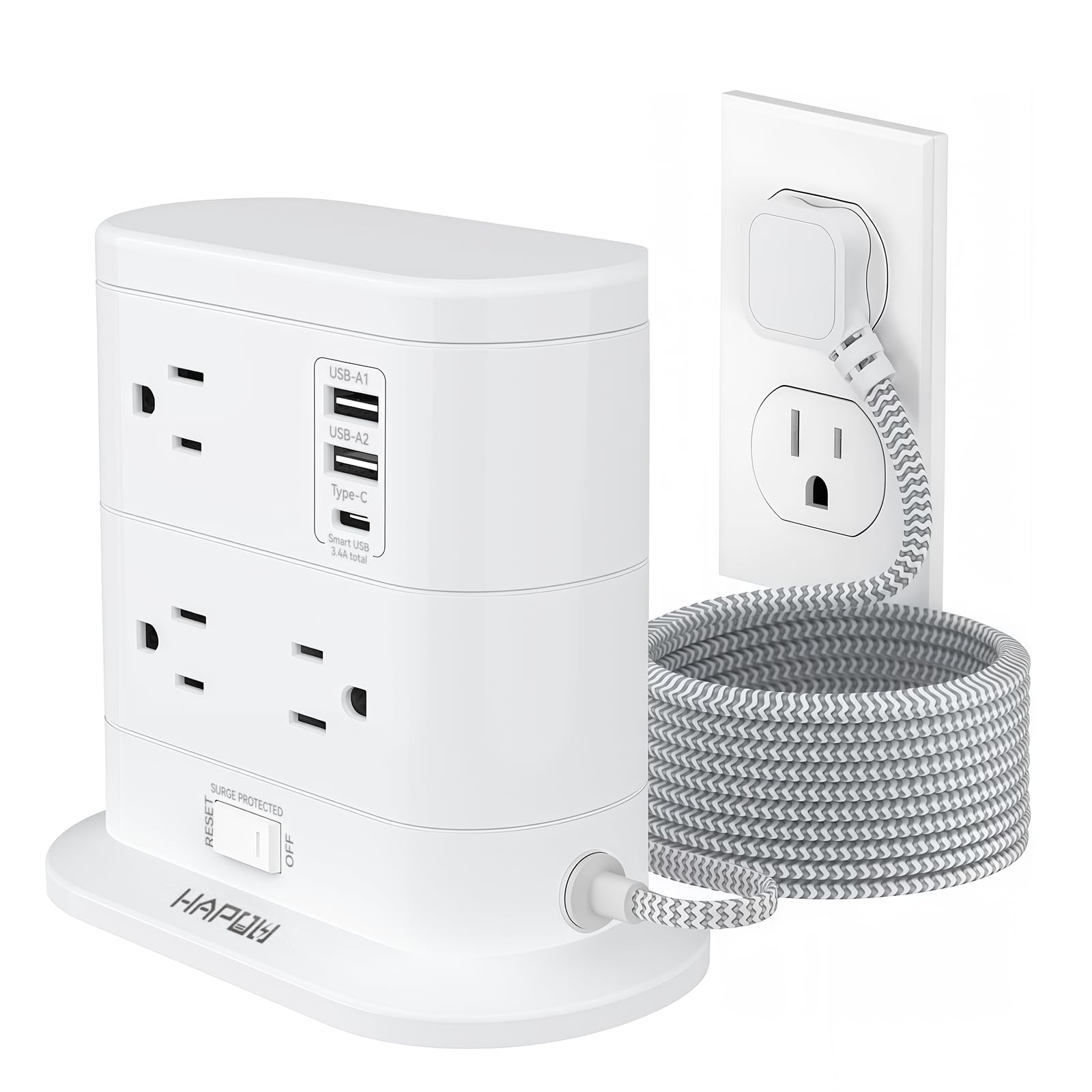 HAPOW Tower Power Strip Surge Protector 5 FT Extension Cord with Multiple Outlets - 7 Widely AC Outlets and 3 USB Ports, Flat Plug Charging Station, Flat Cord Outlet Extender, 1700J, ETL Listed White 5 FT