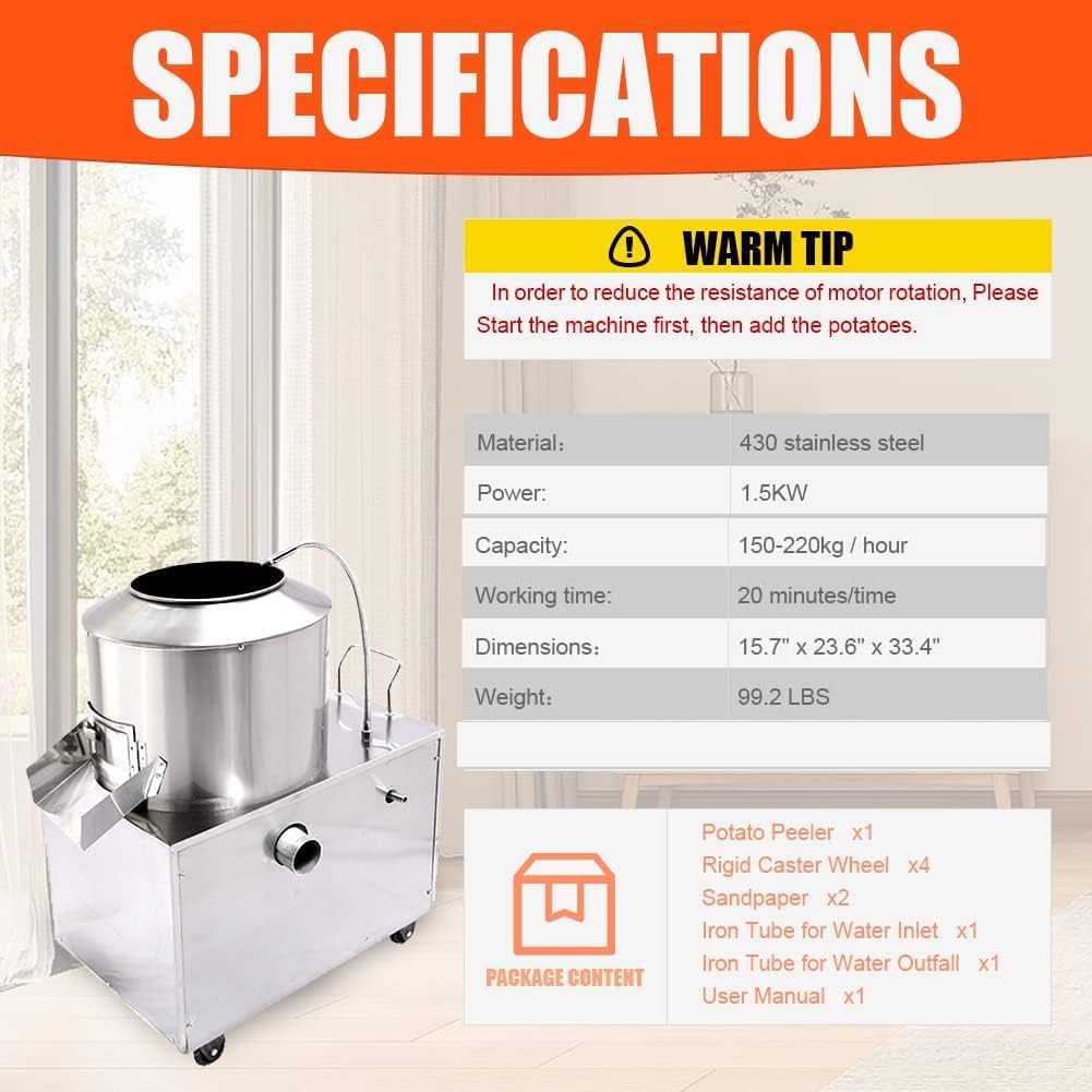 Peladora automática de patatas, 1500 W, acero inoxidable, ruedas giratorias, alta eficiencia para restaurantes y catering, hasta 220 kg/h