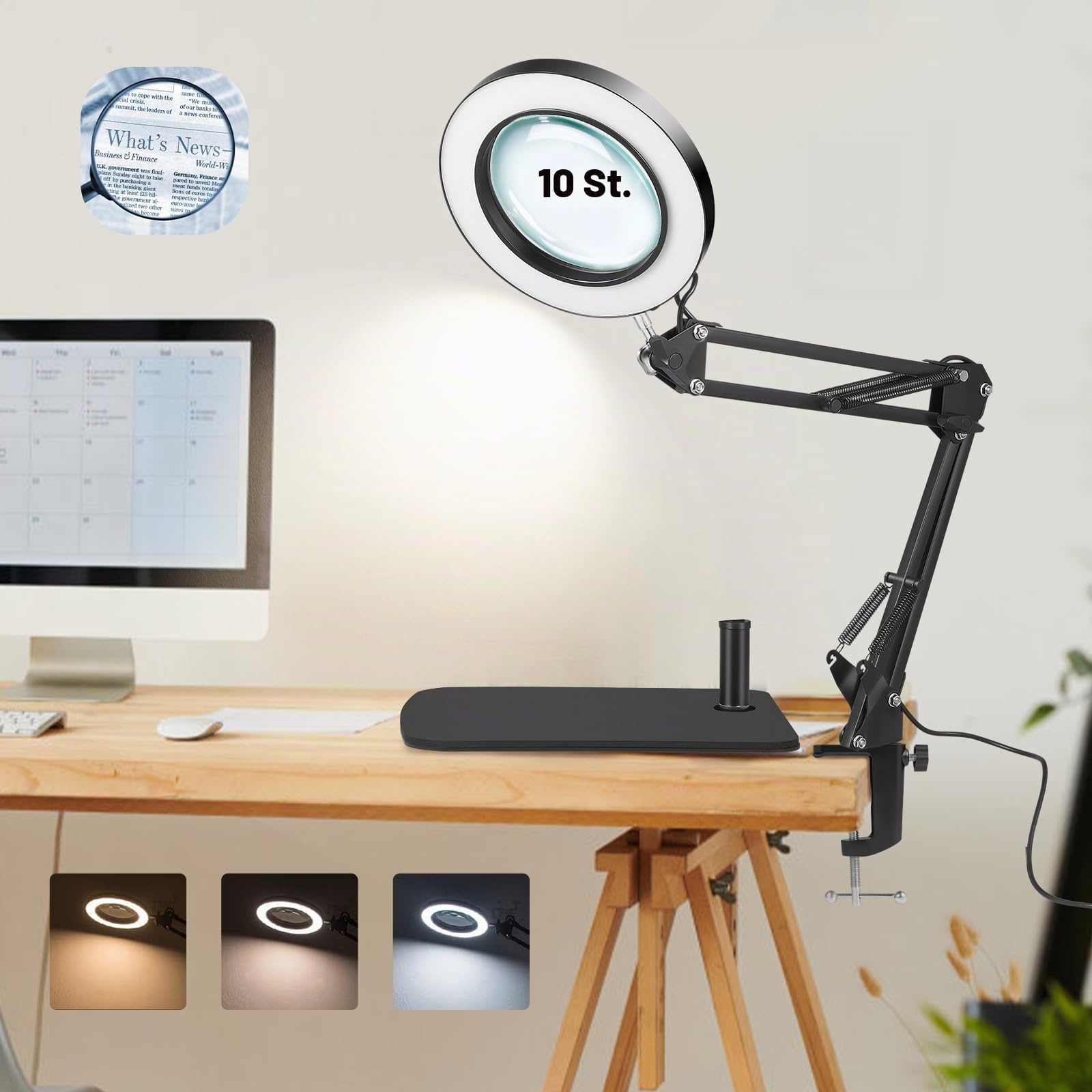 Towwoo Lupe mit Licht und Ständer, 10X Lupenleuchte mit Klemme und Großer Basis, 72 Dimmbar LEDs, 3 Farbmodi 10 Helligkeit, Tischlupe mit Beleuchtung für Naharbeiten, Schmuck, Lesen, Reparieren