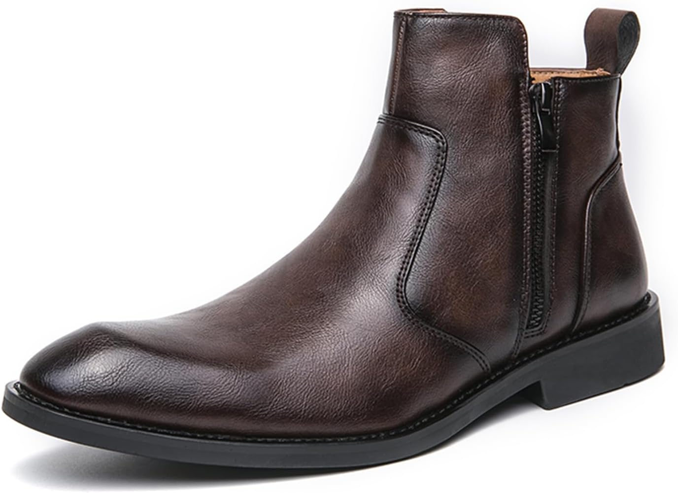 Mens Leather Dress Chelsea Ankle Boots With Double Side Zip Classic Retro Comfortable Pointed Toe Low Block Heel Slip On Business Chukka Boots For Casual Work Office Formal