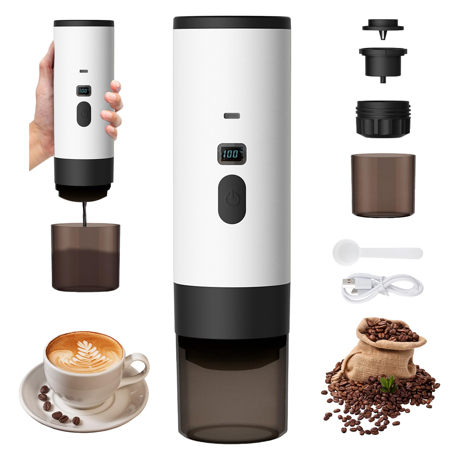 Cafetería portátil, cafetera de café portátil con pilas, 72 W, cafetera de cápsulas 3 en 1, calefacción inteligente 90 °C, 90 ml, para viajes o camping, color blanco