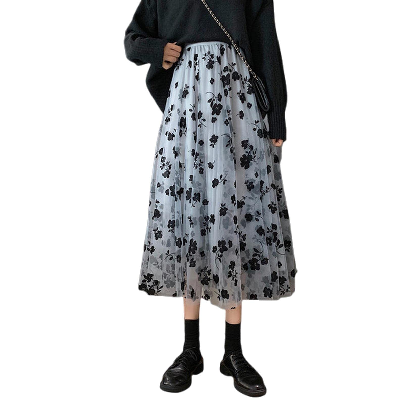 Jupe longue en tulle pour femme - Broderie vintage élastique - Taille haute - Ligne A - Jupe plissée en maille - Jupe midi pour femme