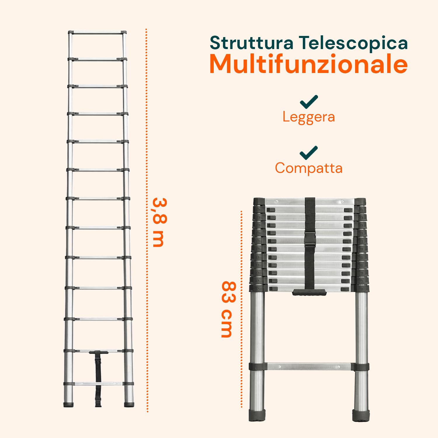 Avilia - Escalera telescópica de Acero Inoxidable 3,8 m 13 peldaños Escalera Plegable para casa y Trabajo Escalera Extensible Ahorra Espacio con Bloqueo de Seguridad
