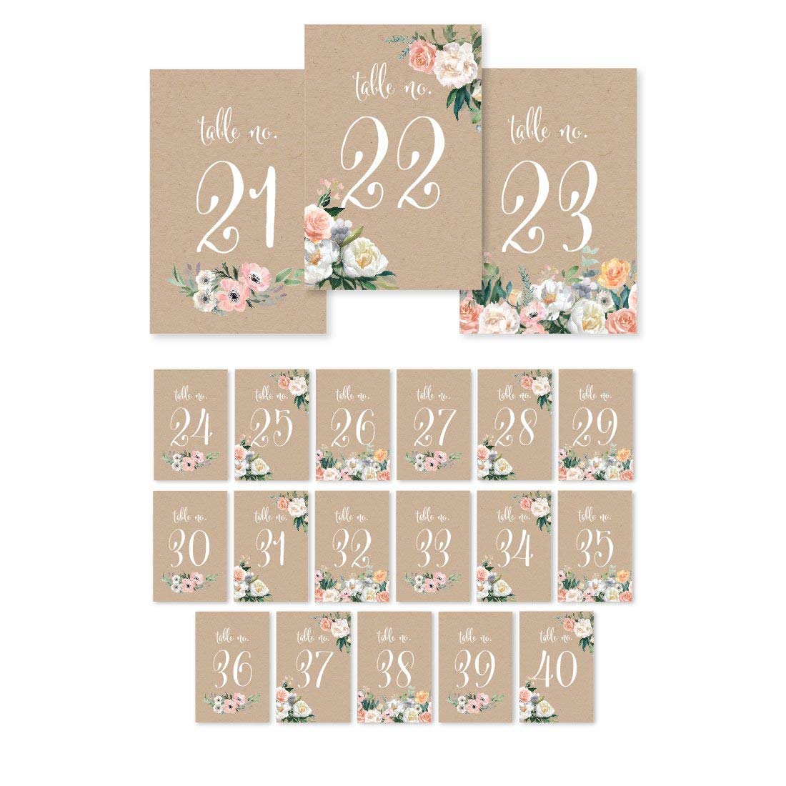 Andaz Press Peach Coral Kraft Brown Rustic Floral Wedding Table Numbers 21-40, 4x6-Inches Table Number Cards For Wedding Reception Table Number For Seating Chart For Wedding Reception