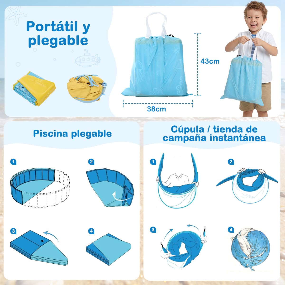 Piscina Plegable para niños con toldo y mosquitera, de Montaje rápido – 3-en-1 Piscina portátil para bebés con ventilación, Incl. Bolsa de Transporte para Playa, jardín, Camping y Viajes