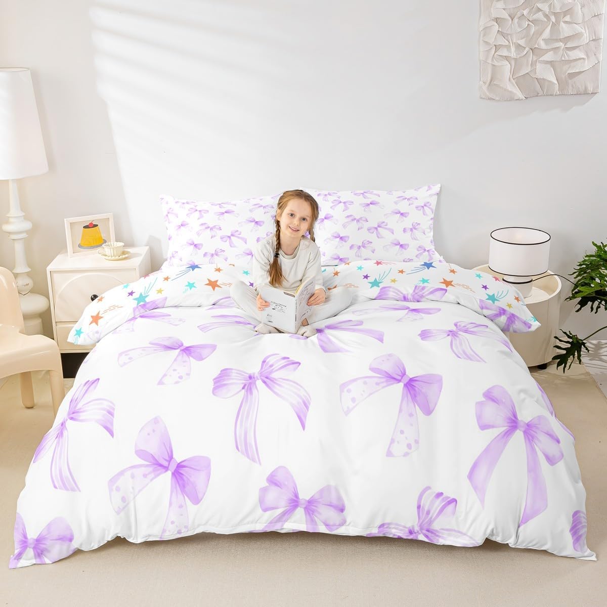Feelyou Kawaii Purple Bow Duvet Cover King Size Cute Dreamy Princess Style Bedding Set Cute Coquette Bow Knot Comforter Cover Elegant Bedroom Decor 3Pcs Girly No Comforter with 2 Pillowcases