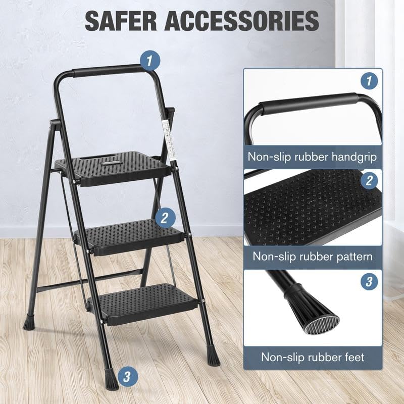 3 Step Ladder, Foldable Stool for Adults, 800lbs Sturdy Steel Ladder with Wide Anti-Slip Pedal, Portable Kitchen Ladders with Sturdy Construction, Black